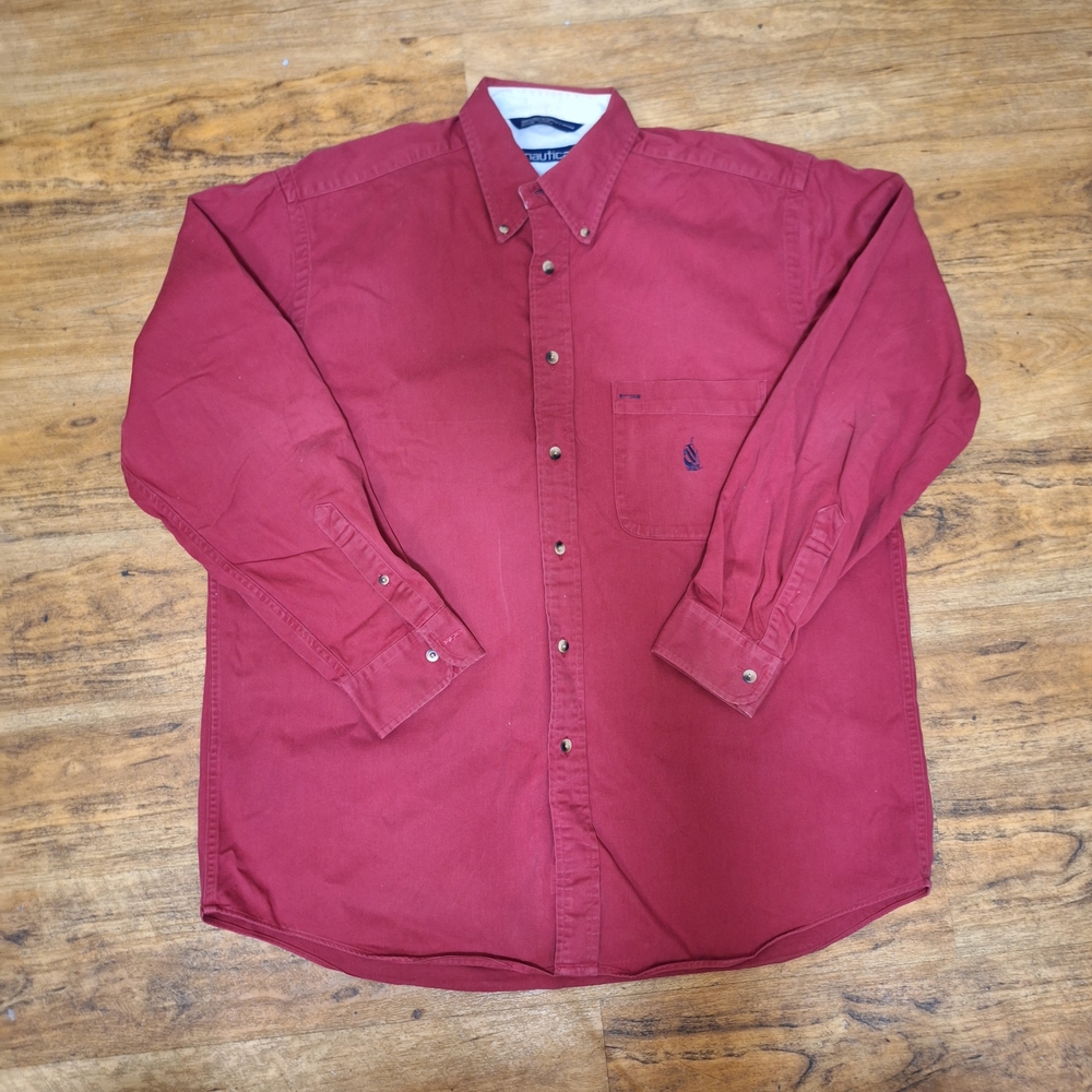 Vintage Nautica Men's Burgundy Button Down Shirt
